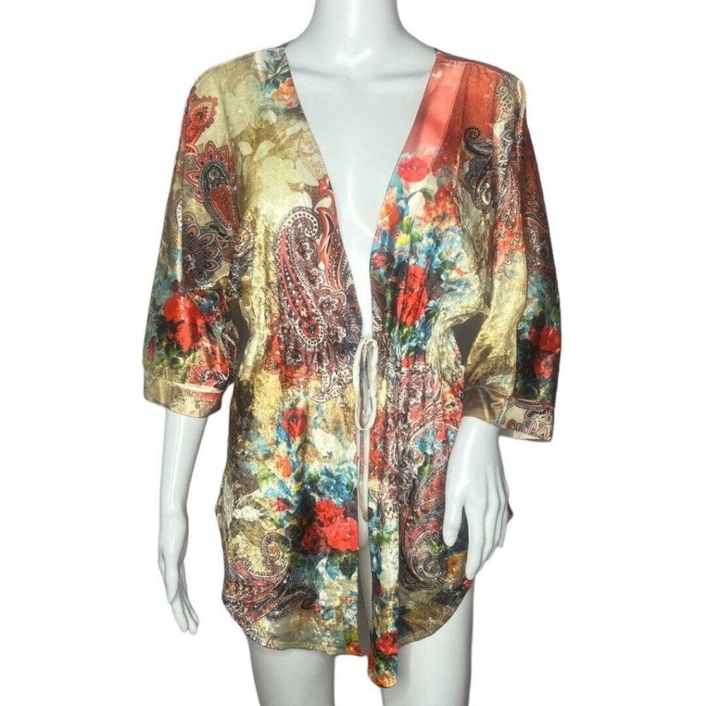 Boston Proper Blouse Womens Medium Kimono Top Open Tie Front Multicolor Paisley